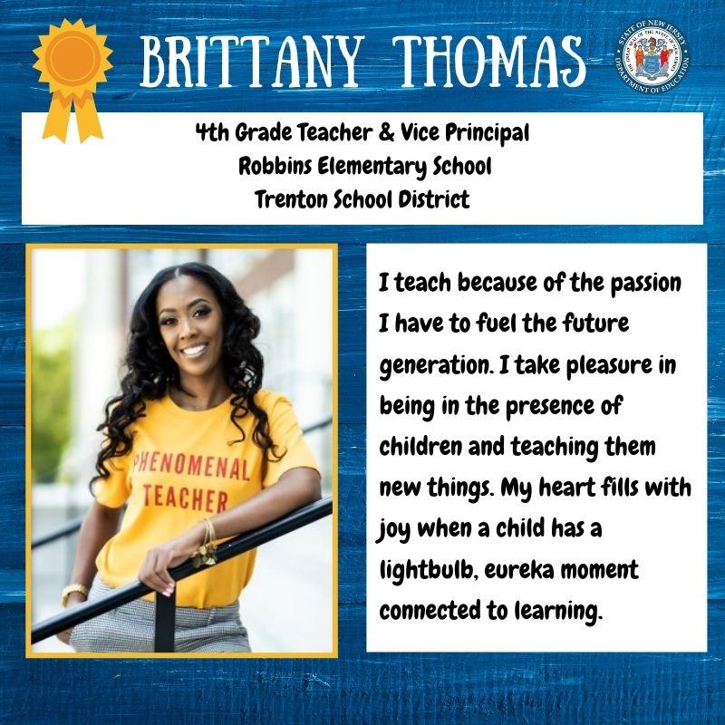 New Jersey Department of Education (@newjerseydoe) on Twitter photo Meet Mercer County’s Teacher of the Year, <a href="/_brittany_joy_/">Educator</a>! She is the Vice Principal of Robbins Elementary School. Learn more about why teaching is important to her below! <a href="/TrentonPublicSc/">TrentonPublicSchools</a> <a href="/MercerCo_NJDOE/">Mercer County Office of Education</a> Meet Mercer County’s Teacher of the Year, <a href="/_brittany_joy_/">Educator</a>! She is the Vice Principal of Robbins Elementary School. Learn more about why teaching is important to her below! <a href="/TrentonPublicSc/">TrentonPublicSchools</a> <a href="/MercerCo_NJDOE/">Mercer County Office of Education</a>
