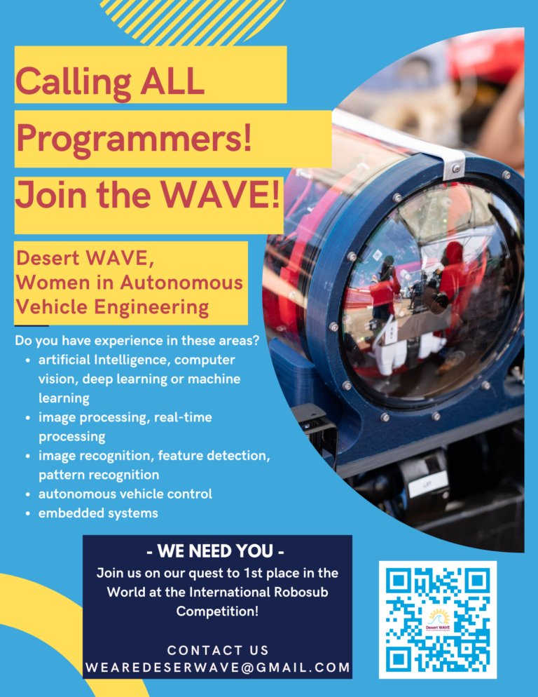 Our internationally acclaimed, all-female robotics team, <a href="/WeAreDesertWAVE/">Desert WAVE</a>, is looking for #programmers to join their quest for 1st place in the world at the International Robosub Competition @AUVSIFoundation. intheloop.engineering.asu.edu/2021/08/30/sha…