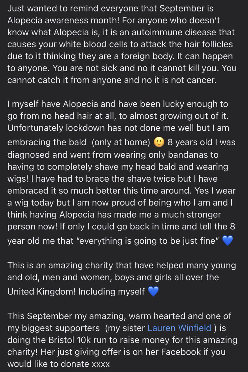 Running the #bristol10K for <a href="/AlopeciaUK/">Alopecia UK</a> during #AlopeciaAwarenessMonth just seems right, like I am meant to do it. I am beyond proud of my sister and the courage she has every day 💙 I am one very proud big sister. I will always be her biggest cheerleader alongside <a href="/winfieldjo1/">Jo Winfield</a>