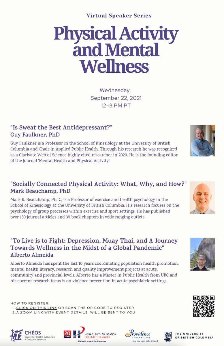 Advancinghlth's tweet photo. Coming up soon!

Join @GuyFaulkner, @MarkRBeauchamp, and Alberto Almeida on Sept 22 for the first instalment of a new virtual speaker series. They will be discussing physical activity and mental wellness.

Learn more and register: https://t.co/2Rq5V6z2qA https://t.co/pLfdO6fePv