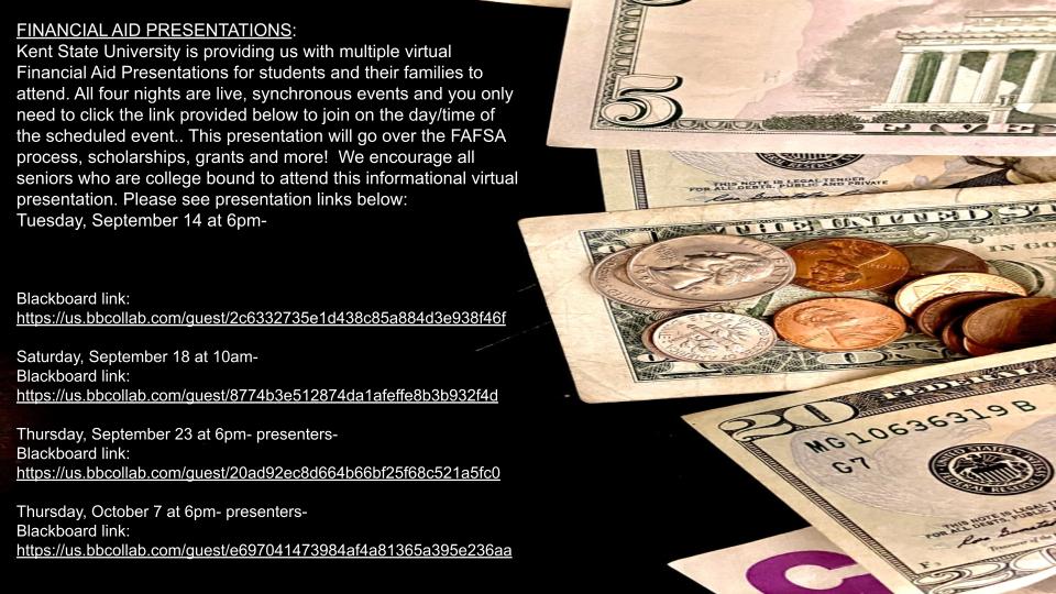 Financial Aide presentations are coming up soon!  Seniors - see your counselor if you have any questions!
<a href="/THSCounselors/">Tallmadge Counselors</a> <a href="/tcstweets1/">Tallmadge City Schools</a>