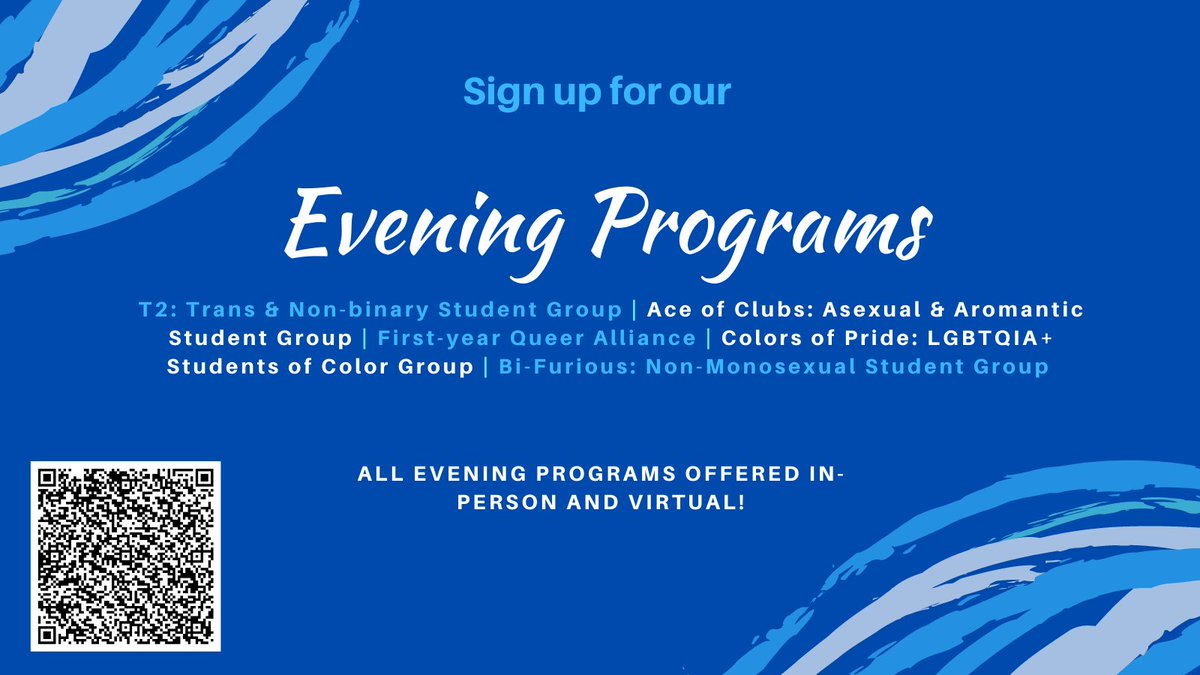 Sign up for our evening programs! We have 5 evening programs that will all be offered in both in-person and virtual formats. Click on the link below, scan the QR code, or come into the center to sign up and receive more information!
gvsu.edu/lgbtrc/program…