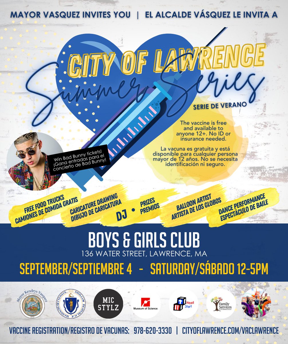 Mayor Brian A. DePeña (@mayorlawrencema) on Twitter photo 💙 Únase a nosotros el sábado para la Vaccine Block Party en el <a href="/BGCL/">BGC of Lawrence, MA</a> en Towerhill de 12-5pm. Venga a vacunarse y a disfrutar de comida gratis, música de DJ @micstylz, actuaciones de Firefly Flow Troupe, una oportunidad de ganar entradas para el concierto de Bad Bunny, y más. 💙 Únase a nosotros el sábado para la Vaccine Block Party en el <a href="/BGCL/">BGC of Lawrence, MA</a> en Towerhill de 12-5pm. Venga a vacunarse y a disfrutar de comida gratis, música de DJ @micstylz, actuaciones de Firefly Flow Troupe, una oportunidad de ganar entradas para el concierto de Bad Bunny, y más.