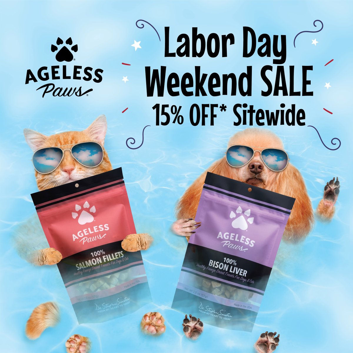 AgelessPaws's tweet photo. Ageless Paws Labor Day Sale starts NOW- Save 15%* on all treats, toppers and supplements!

Use code LABDAY15 at checkout.

Don't wait - sale ends Monday Sept. 6th at midnight PST - shop now at https://t.co/lR0Dlp36S8

And have a pawsome holiday weekend! https://t.co/EqEblIsppU