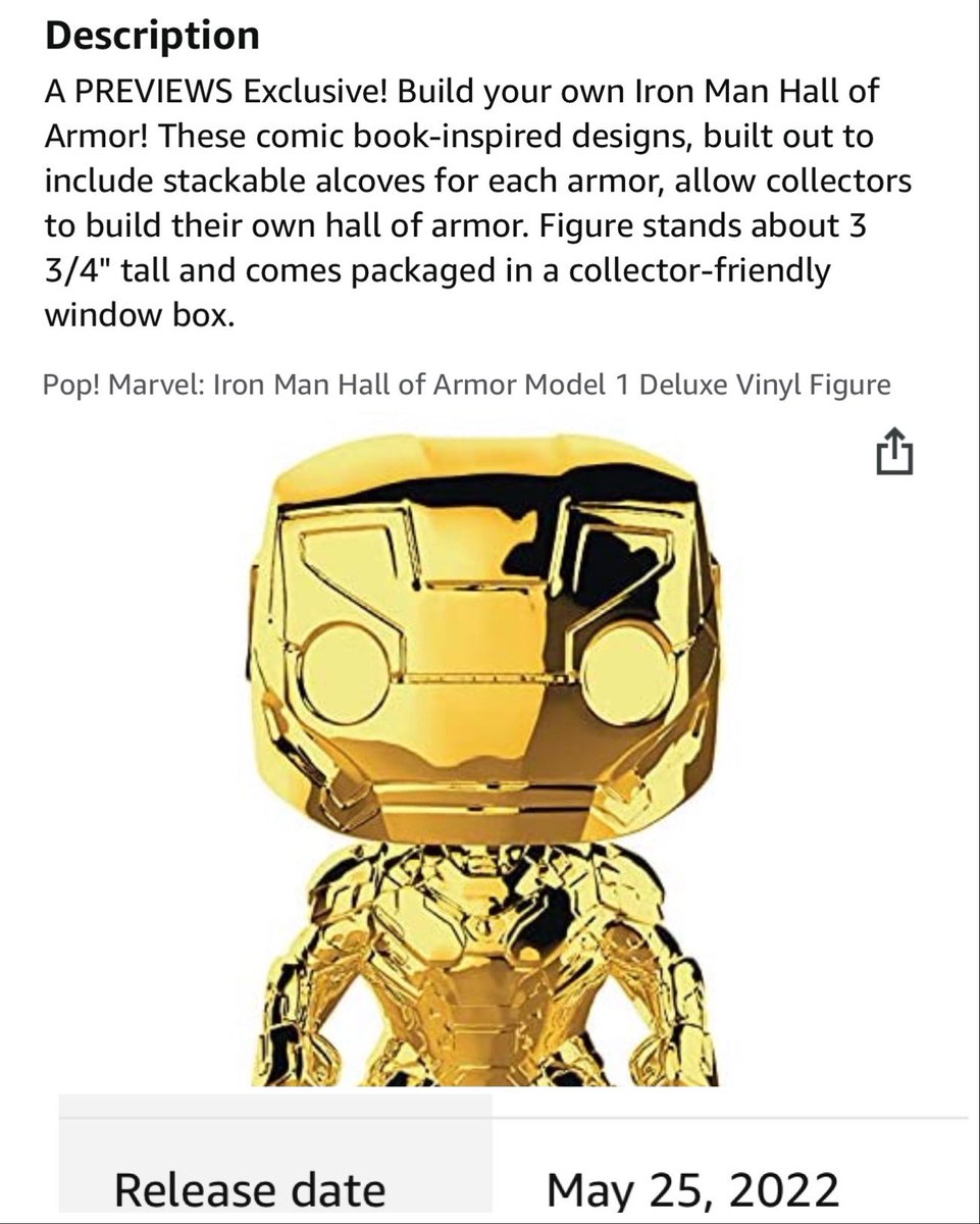 DisTrackers's tweet photo. Earlier today, Amazon put up this listing for a Previews exclusive Iron Man Hall of Armor! It is showing a release date of 5/25/22. I don’t think the glam in the listing is the right one.

Not available - https://t.co/iVvpjvYei4

Credit u/RegExr for the link notification. https://t.co/ooeDnUxzFX