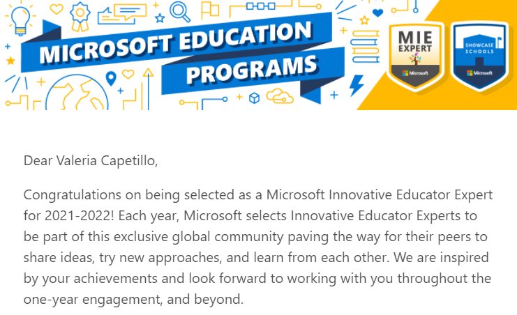 After a whole year making the most of the hybrid teaching using Microsoft tools, I’m so proud to be selected as an Microsoft innovative Educator Expert for 2021-2022 #MicrosoftEdu #MIEExpert #cognitaway 🇨🇱 🏆👩🏼‍💻