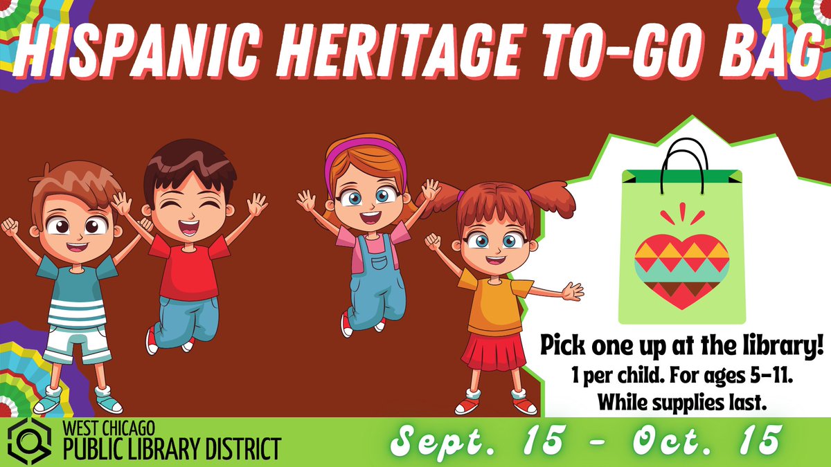 WCPLD's tweet image. 🥳Celebrate Hispanic Heritage Month with this bag of crafts and goodies that will teach you a little something about different countries in Latin America. For ages 5-11. Limit one per child, while supplies last.

#HispanicHeritageMonth #westchicago