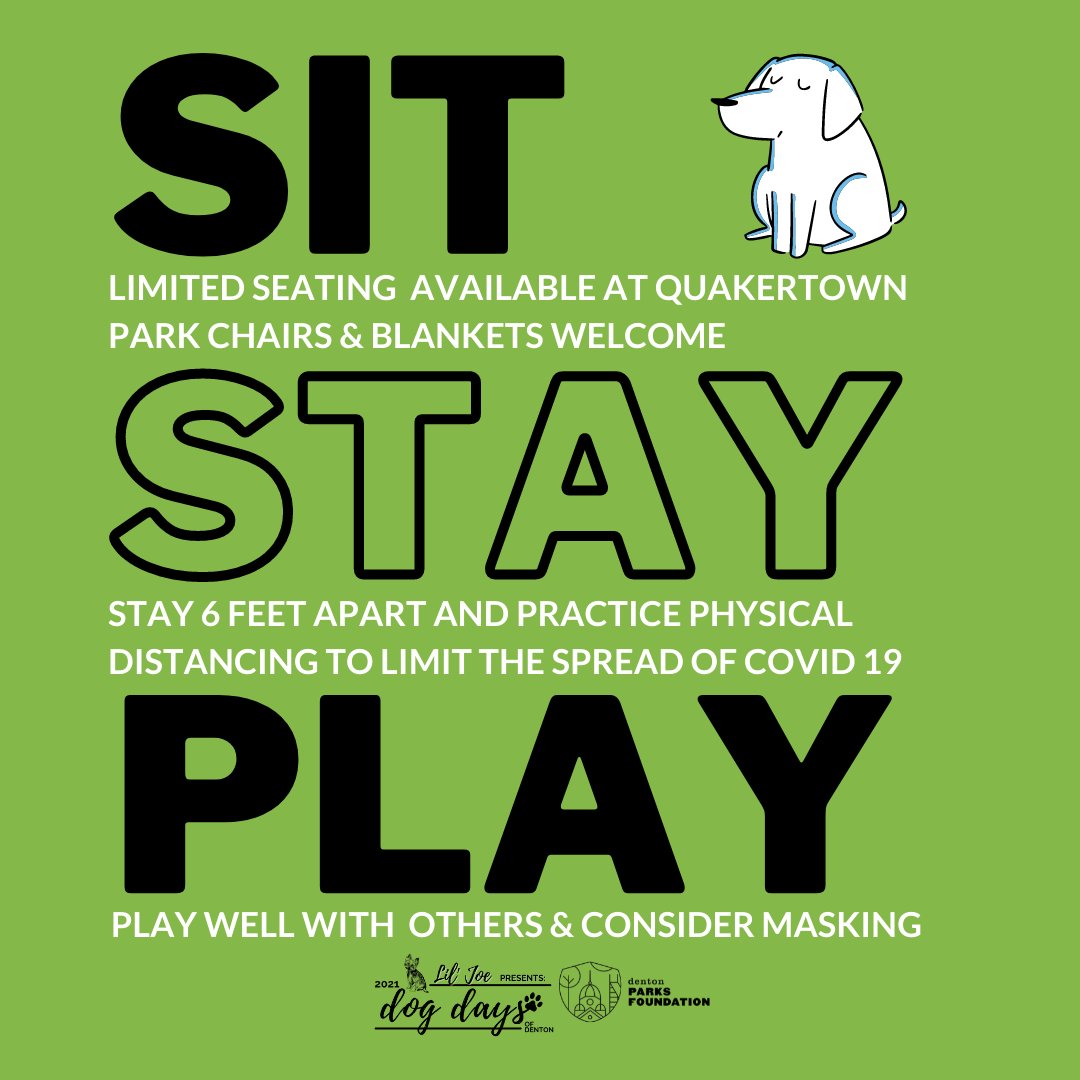 denton_parks's tweet photo. We hope you'll join us to SIT, STAY, and PLAY at the 27th Annual Dog Days of Denton event at Quakertown Park. Have fun and help us raise funds to #makeparksbetter! And while the event is outdoors, please take the steps necessary to limit the spread of COVID. #dogdaysofdenton https://t.co/WZdSf4paKE