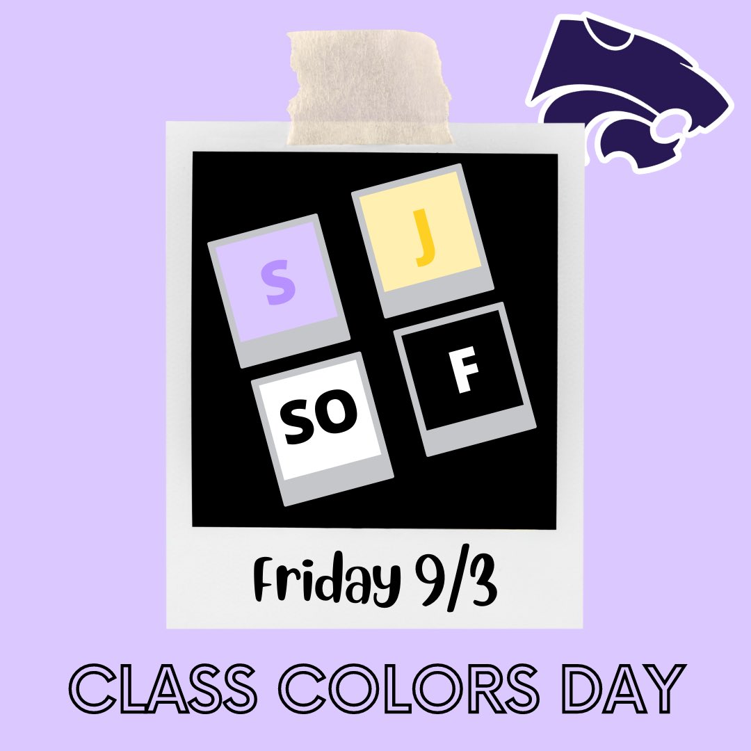 wildcatsenate's tweet photo. Tomorrow is class colors day. Seniors are purple, juniors are yellow, sophomores are white, and freshman are black. Let’s end the week strong 💪🏻💜💛🤍🖤 https://t.co/vvIPdjNmkh