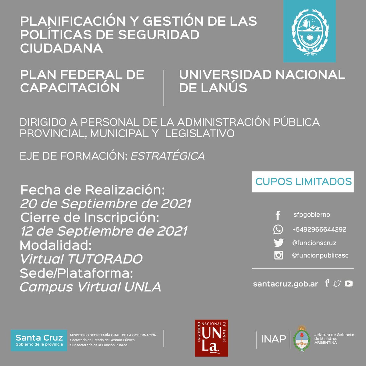 FuncionScruz's tweet photo. Capacitaciones Tutoradas Universidad de Lomas de Zamora, Universidad Nacional de Misiones, Universidad Nacional de La Matanza y Universidad Nacional de Lanús
#capacitacion2021 #gobiernosantacruz #SantaCruz #funcionpublica #INAP #MSGG #UNLZ #UNAM #UNLa #UNLaM https://t.co/17124Swl5k