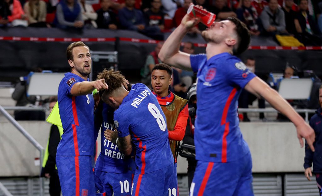 Harry Kane looking confused because a teammate is lifting a cup