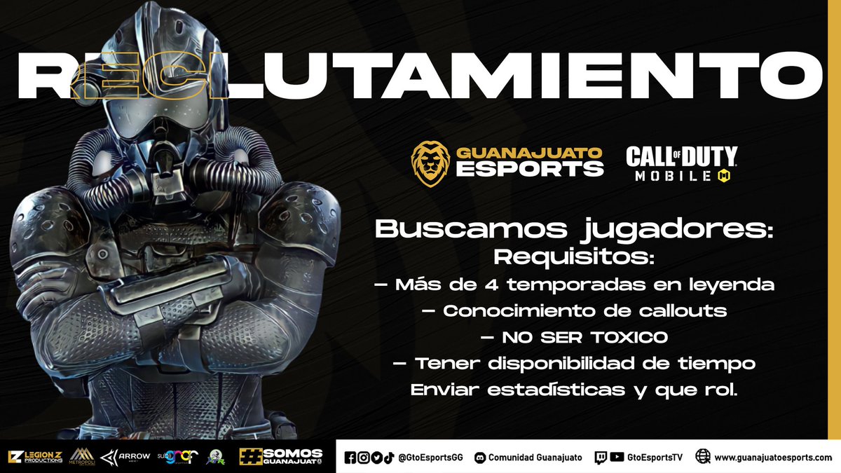 ＲＥＣＬＵＴＡＭＩＥＮＴＯ 🎮

¡Volvemos a #RocketLeague! Buscamos jugadores para nuestras divisiones. 🏎️⚽

Nuestra escuadra de #CallOfDutyMobile está en busca de refuerzos. ☢️🔥

Este es tu momento de formar parte del Club. 🦁🖤💛📩

#SomosGuanajuato