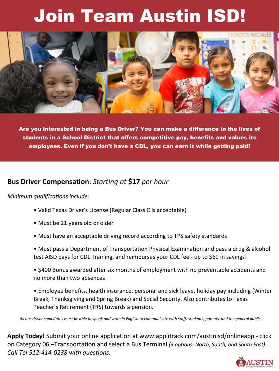 Matias Segura (@matias_aisd) on Twitter photo Join our <a href="/AustinISD/">Austin ISD</a> team! We’re looking for #AISDGameChangers on our Food Service & Transportation teams. Apply online today for great benefits: austinisd.org/careers <a href="/AustinISDsupt/">Dr. Stephanie S. Elizalde</a> Join our <a href="/AustinISD/">Austin ISD</a> team! We’re looking for #AISDGameChangers on our Food Service & Transportation teams. Apply online today for great benefits: austinisd.org/careers <a href="/AustinISDsupt/">Dr. Stephanie S. Elizalde</a>