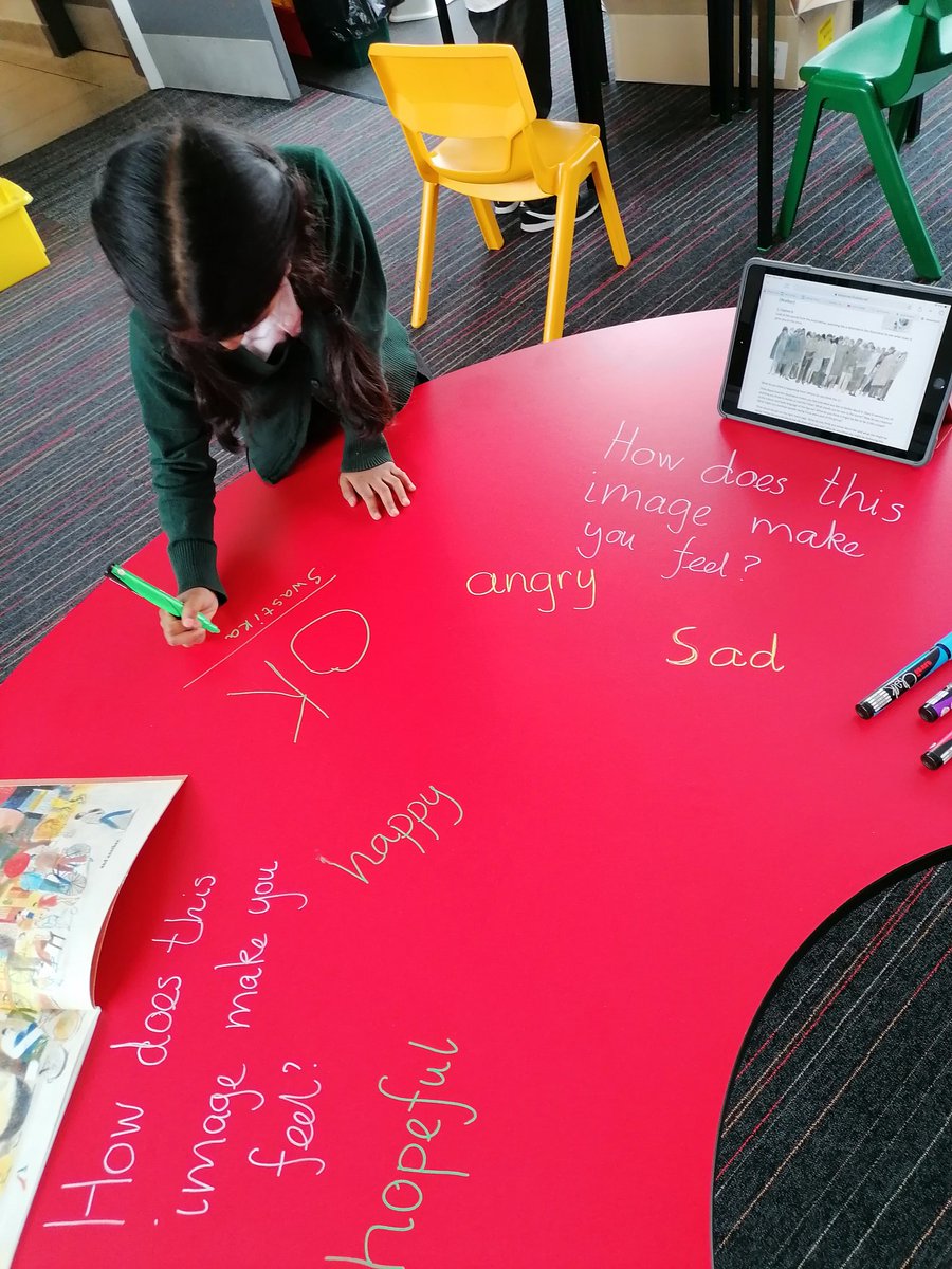 misscmackay's tweet image. Why does drawing on the table always feel a bit naughty? 😜 Lots of good emotion words from p3 as we looked at images from a book and talked about how they make us feel.  #liquidchalk #learningthroughplay #deskwriting #vocabularybuilders