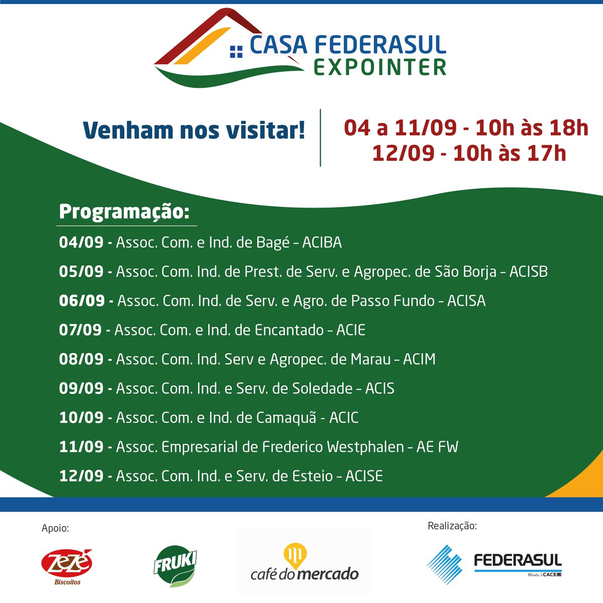 _federasul's tweet image. Conheça a programação da Casa da Federasul na Expointer!

#federasul #federasul_entidade #expointer2021 #expointer #casafederasulexpointer #biscoitoszezé #fruki #cafedomercado