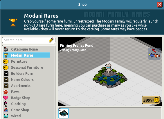 🆕 𝗡𝗢𝗡 𝗟𝗧𝗗 𝗥𝗔𝗥𝗘 𝗗𝗥𝗢𝗣

Purchase the brand new Fishing Frenzy pond nonlimited edition rare from Modani Rares in the catalogue. This will soon be removed from the catalogue!

🔗 PeakRP.com