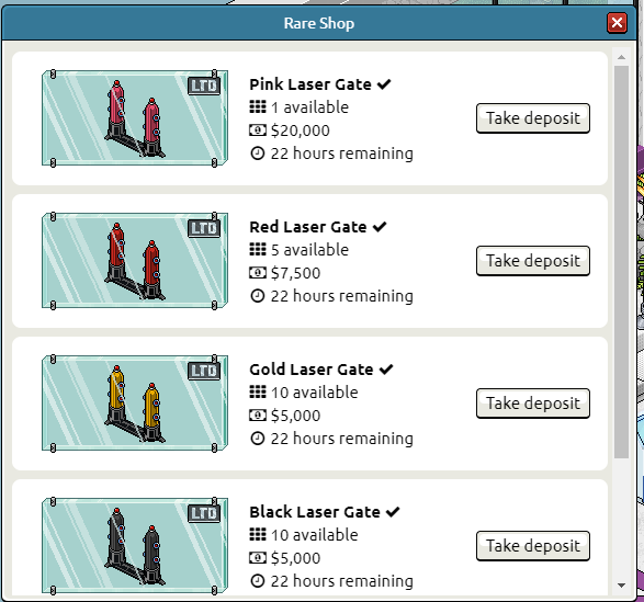 🆕 𝗡𝗘𝗪 𝗥𝗔𝗥𝗘 𝗗𝗥𝗢𝗣

Modani Rares have dropped deposits for multiple laser gates. Place them down before it's too late!

🔗 PeakRP.com/rares

#Habbo