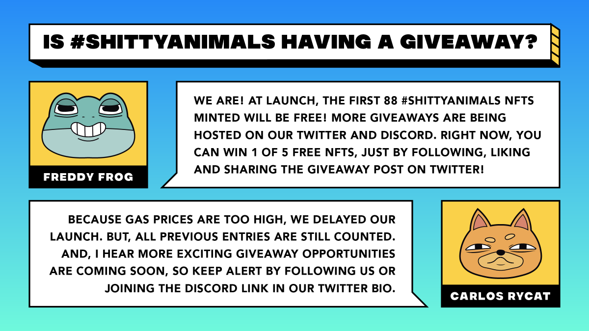 Shitty_Animals's tweet photo. #ShittyAnimals will be LAUNCHED on September 8th at 4:30PM (PST) at https://t.co/Uzb9U9rt8n.
More #NFTGiveaways are coming, so stay alert:
🔶 Follow: @Shitty_Animals
🔶 JoinDiscord: (https://t.co/39BkDZA51q)
#NFTLAUNCH #NFTs #NFTCommunity #NFTshill https://t.co/BdwVjVQfcm