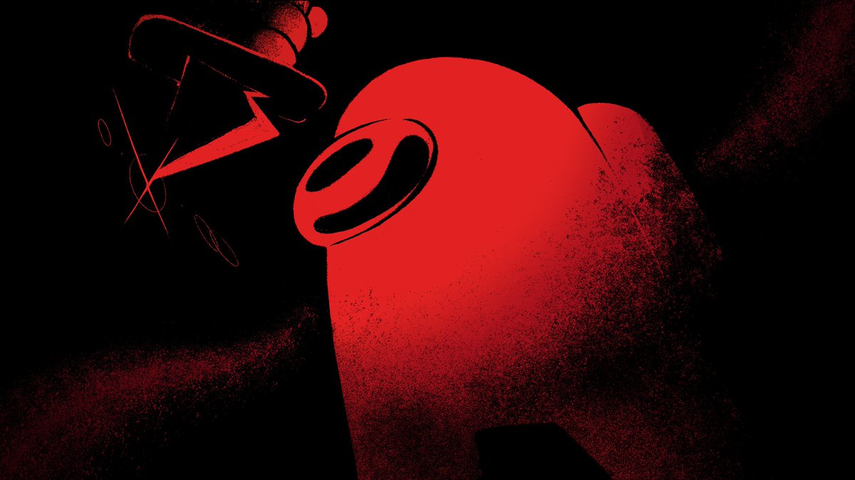 Stylized red and black image of the Impostor. It looms over with a knife.