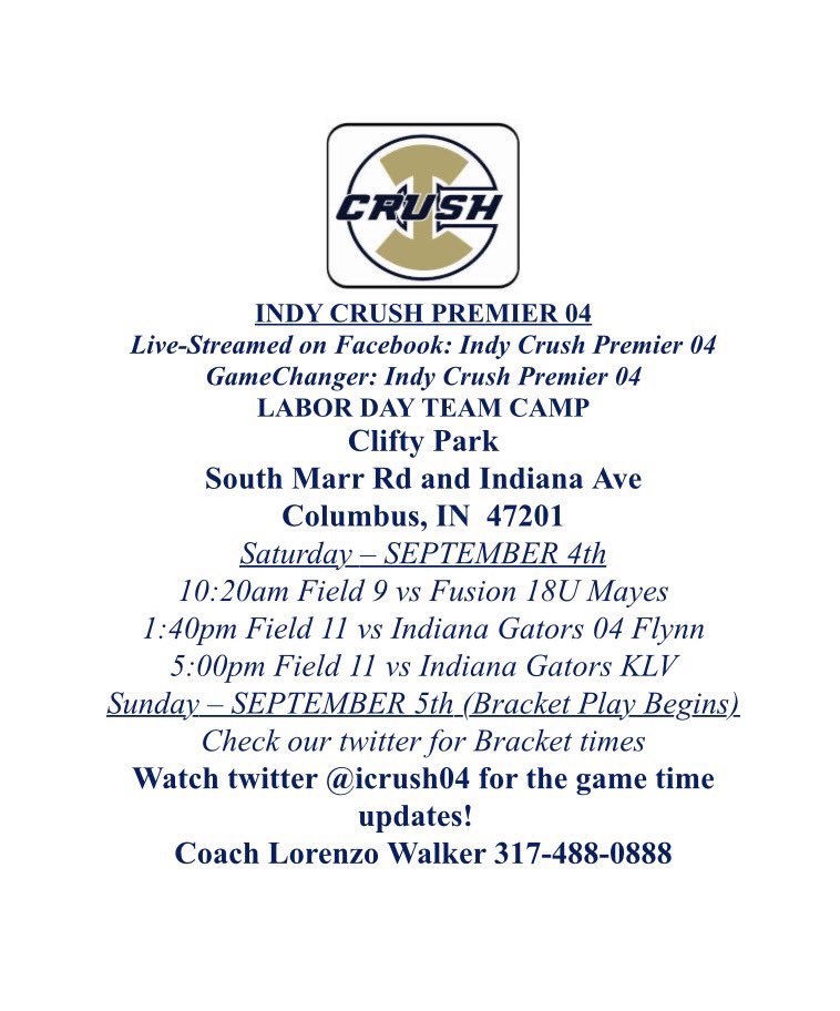 Here is my schedule for the Labor Day Team Camp Tournament in Columbus, IN this weekend! Excited to get back on the fields! <a href="/ICrush04/">IndyCrush04</a> <a href="/CoachLorenzoWa2/">CoachLorenzoWalker</a> <a href="/ERAUSoftball/">Embry-Riddle Softball</a> <a href="/coachkelsid/">Kelsi Dunne Diaz</a> <a href="/StephanieCeo/">Stephanie Ceo</a> <a href="/SVSU_Softball/">Cardinal Softball</a>  <a href="/WMUSoftball/">Western Michigan Softball</a> <a href="/coachbuck1976/">Todd Buckingham</a>