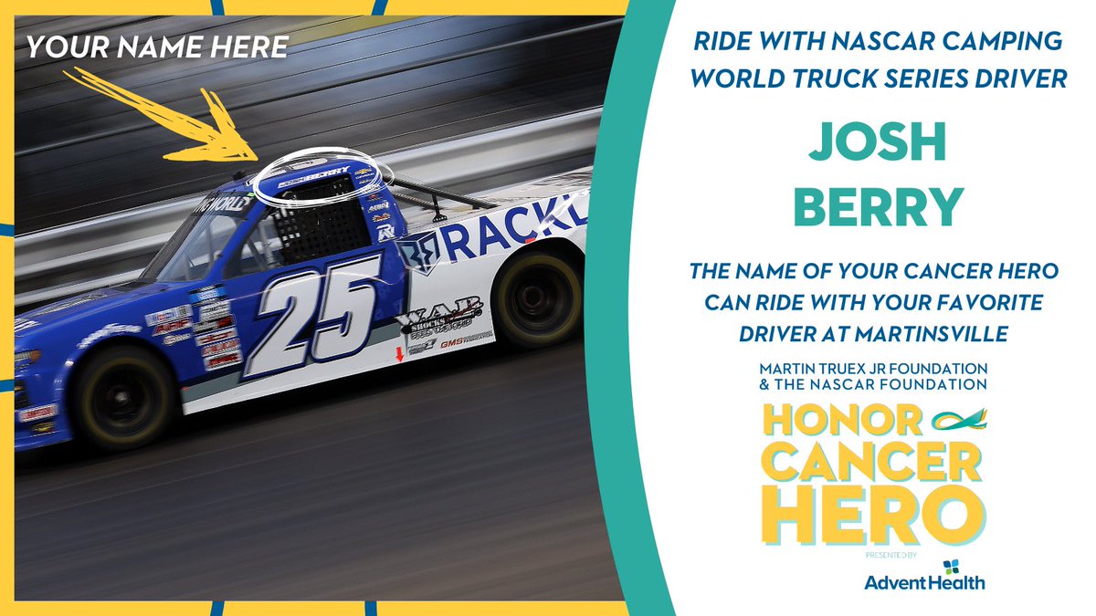 Honor Your @MTJFoundation Cancer Hero by having them “ride” on the No. 25 @RackleyRoofing @TeamChevy with @joshberry at the @MartinsvilleSwy! 

Bid now at nascarfoundation.org/cancerhero

#HeroesRideAlong | #Ebayfinds | #EbayforCharity | #NASCAR