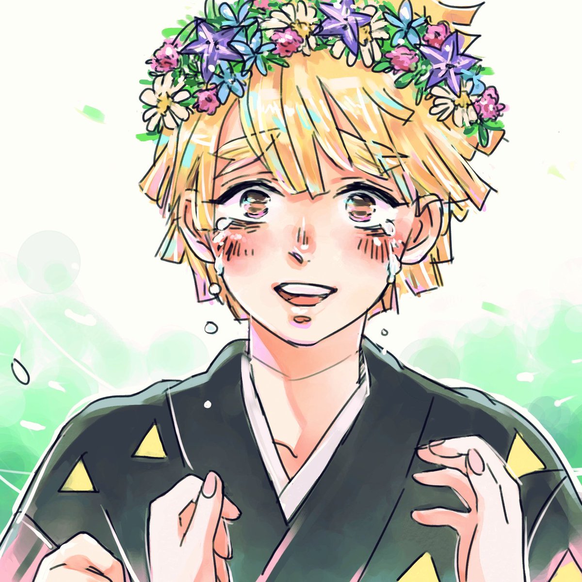 1boy blonde hair male focus japanese clothes head wreath tears blush  illustration images