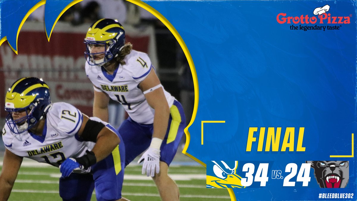 Delaware_FB's tweet photo. FINAL: Football grabs a 34-24 season-opening win over Maine. Congrats #BlueHens! #BleedBlue302 https://t.co/JtyMxlM0By
