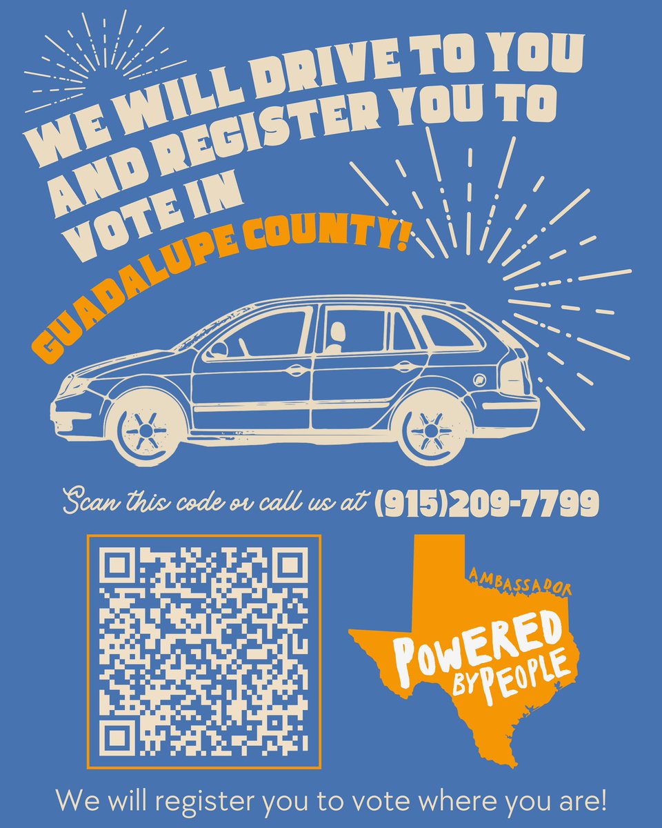 BetoORourke's tweet photo. TEXAS: If you live in Hays, Comal, Guadalupe, or Williamson county, Powered by People will now come register you to vote on demand at a place of your choosing

Just can scan this QR code or call 915-209-7799. https://t.co/SMzYuxEGAT