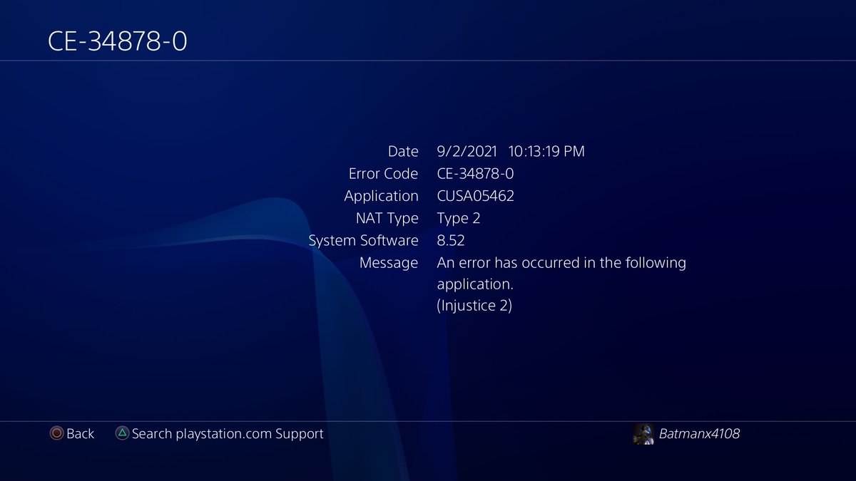 BatOwlUniverse's tweet photo. @WBGamesSupport @NetherRealm @InjusticeGame I believe Injustice 2 is completely broken on PS4 and PS5. The game crashes after the intro credits. The error code is for data corruption but with multiple people having the same issue it must be more then that. It started today. https://t.co/Utw4Jj7GV8
