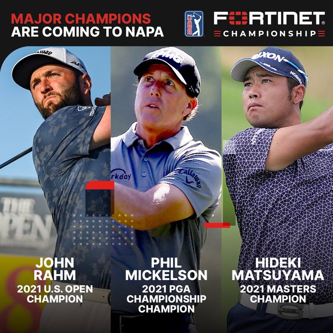 2021 PGA Champion Winner Phil Mickelson, World #1 &amp; 2021 US Open Champion Jon Rahm, &amp; 2021 Master Champion Hideki Matsuyama are confirmed to play at the #fortinetchampionship21 this month at the <a href="/SilveradoResort/">Silverado Resort</a> in Napa: ftnt.net/6019yxAR9 <a href="/Fortinet/">Fortinet</a> @FortinetChamp