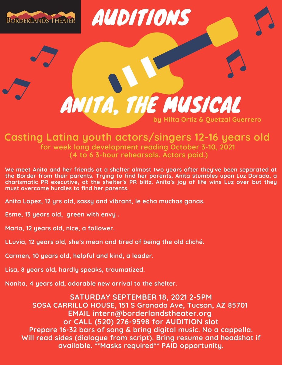 Borderlands Theater (@bltheater) on Twitter photo Very excited for this! Looking to cast all types of Latinas! Afro-Latinas, Indigenous-Latinas, Asian-Latinas!
Please share with local youth networks!
Thank you <a href="/nalac_arts/">NALAC</a> , PAV Fellows @asuherberger , <a href="/netensembles/">NET (Network of Ensemble Theaters)</a> for your support!! <a href="/LTWTucson/">Live Theatre Workshop</a> Very excited for this! Looking to cast all types of Latinas! Afro-Latinas, Indigenous-Latinas, Asian-Latinas!
Please share with local youth networks!
Thank you <a href="/nalac_arts/">NALAC</a> , PAV Fellows @asuherberger , <a href="/netensembles/">NET (Network of Ensemble Theaters)</a> for your support!! <a href="/LTWTucson/">Live Theatre Workshop</a>