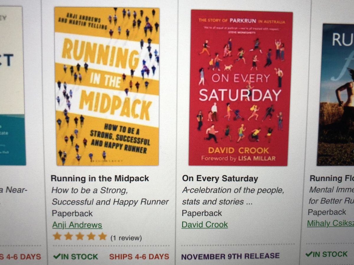 davidrcrook's tweet photo. Really chuffed to see my book about parkrun in Australia next to @myelling's #RunningInTheMidpack on @Booktopia's virtual book-shop shelf. A number of the people I interviewed for #OnEverySaturday first heard about @parkrunAU on @marathontalk. Details here https://t.co/O2bqmr5lJs https://t.co/0JsaPG0zeC