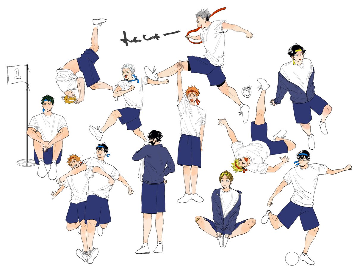 multiple boys shorts orange hair male focus black hair shirt blue shorts  illustration images