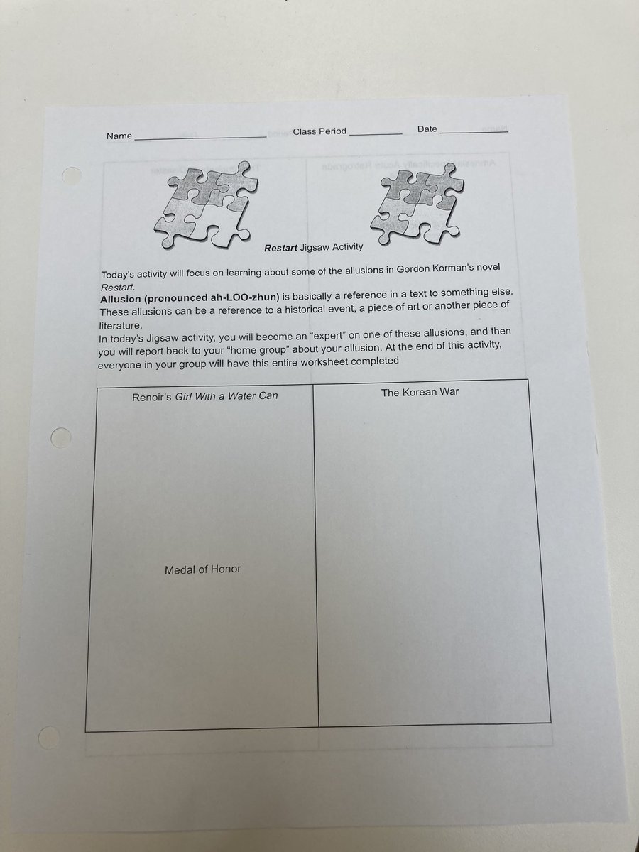 diminor1's tweet image. Today, these same students became experts in finding allusions via jigsaw activities with the novel Restart by @gordonkorman .
Great job @AlisonDParker ‼️