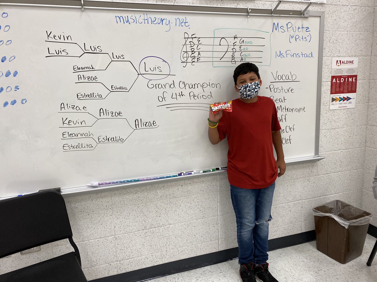 BandHoffman's tweet photo. Some friendly competition today in our beginner band classes brought out the competitive nature in our students! Congrats to our Champions of the day: Luis, Kelley, Jessica, and Zayvion! 👏 #HornetNationPride @AggieAdmin92 @aldinefinearts @HoffmanMS_AISD https://t.co/x7aA1GvCVU
