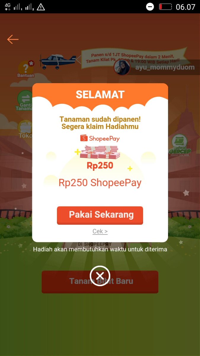 mulyaheart's tweet photo. Panen ke sekian yg dapat 250 😂 tapi tetep semangat nyiram #TanamShopeePay30M semoga kepilih @ShopeeID dpt 1jt, hehe @shopeegames_ID https://t.co/e0iIfGHdOR