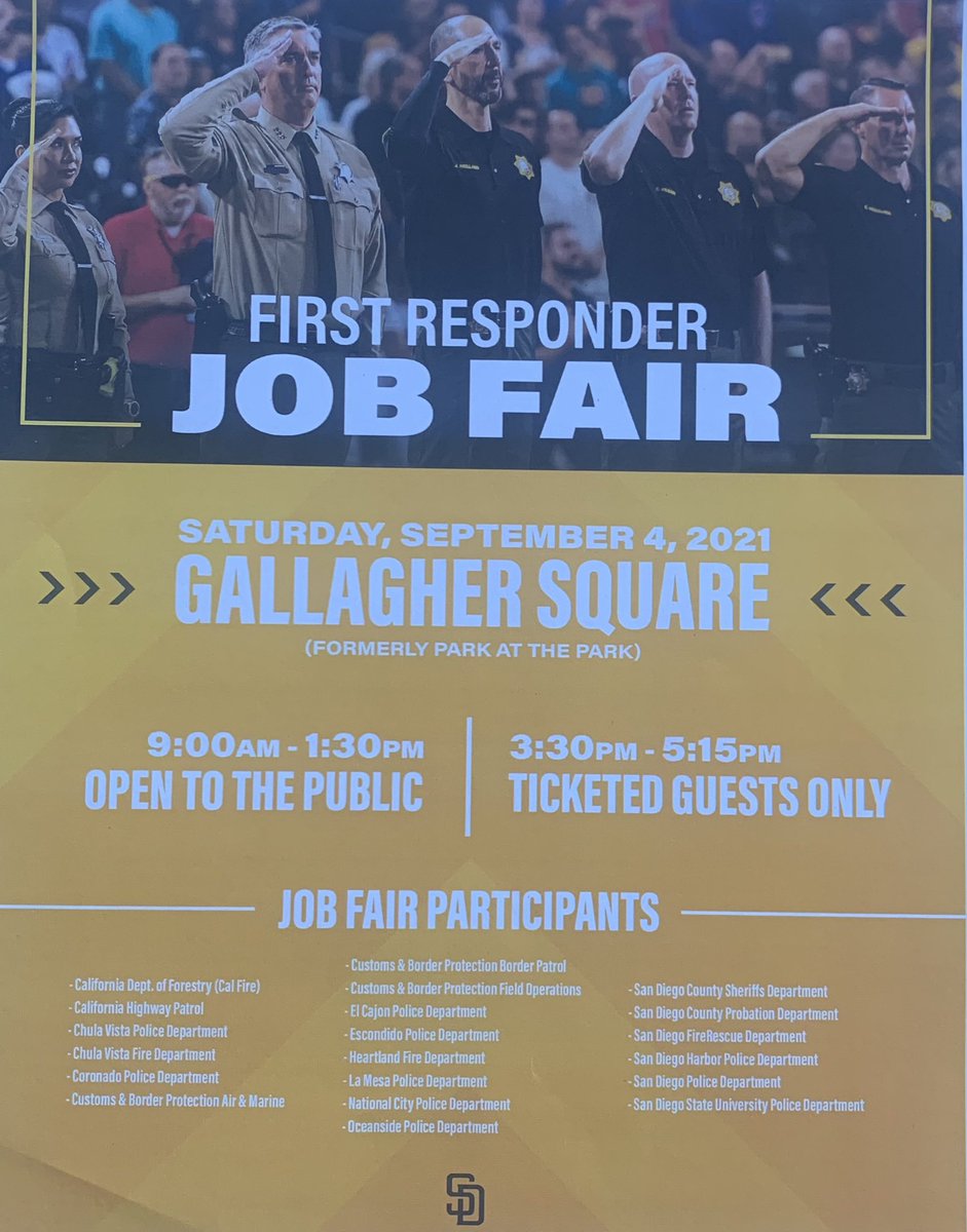 zero8hundred's tweet image. Are you looking for a career as a First Responder.
Check out the upcoming Job Fair hosted by the @Padres at Petco Park at Gallagher Square (formerly Park at the Park).
#military #veterans #militaryspouses #jobfair