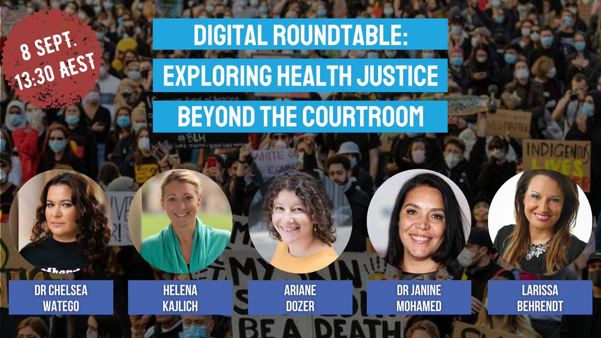 National Justice Project (@njp_au) on Twitter photo Check out the line-up of speakers at the #HealthJustice digital roundtable!
Join us on Weds Sept 8 with @drcwatego (<a href="/QUT/">QUT</a>), <a href="/JanineMilera/">Dr Janine Mohamed</a> (<a href="/LowitjaInstitut/">Lowitja Institute</a> + <a href="/P4JH_/">P4JH</a>), Ariane Dozer (NJP), <a href="/KajlichH/">Helena Kajlich</a> (<a href="/UQ_News/">UQ News</a>) & <a href="/LarissaBehrendt/">Larissa Behrendt</a> (<a href="/Jumbunna_Inst/">UTS: Jumbunna Institute</a>)
👇👇👇👇
events.humanitix.com/digital-roundt… Check out the line-up of speakers at the #HealthJustice digital roundtable!
Join us on Weds Sept 8 with @drcwatego (<a href="/QUT/">QUT</a>), <a href="/JanineMilera/">Dr Janine Mohamed</a> (<a href="/LowitjaInstitut/">Lowitja Institute</a> + <a href="/P4JH_/">P4JH</a>), Ariane Dozer (NJP), <a href="/KajlichH/">Helena Kajlich</a> (<a href="/UQ_News/">UQ News</a>) & <a href="/LarissaBehrendt/">Larissa Behrendt</a> (<a href="/Jumbunna_Inst/">UTS: Jumbunna Institute</a>)
👇👇👇👇
events.humanitix.com/digital-roundt…
