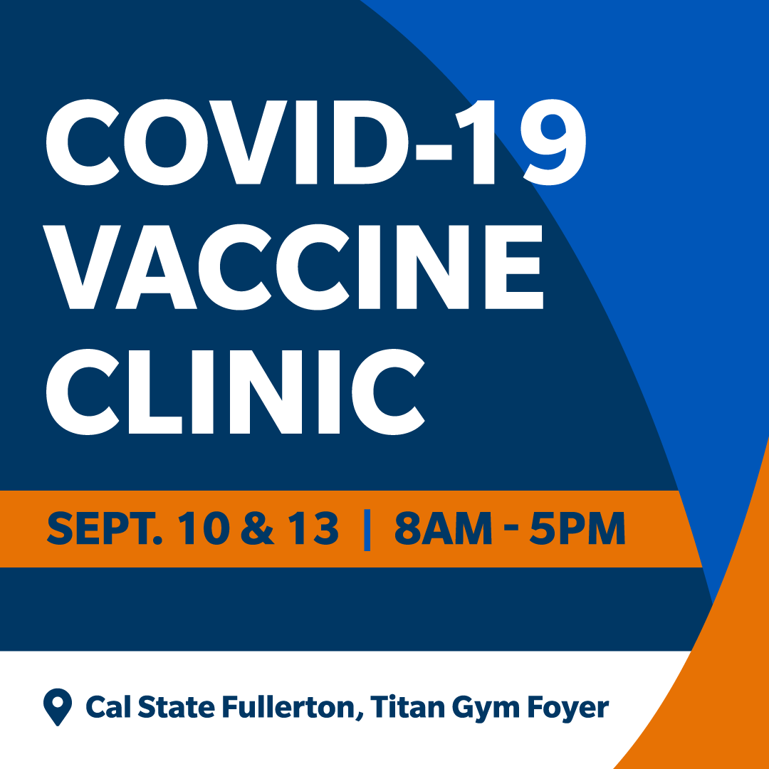csuf's tweet photo. There will be on-campus vaccine clinics available on Sept. 10 and Sept. 13. To make an appointment and find the latest #CSUFCOVID19 updates, visit: https://t.co/WZrSa1vgq6 https://t.co/XZNXBu0ttD