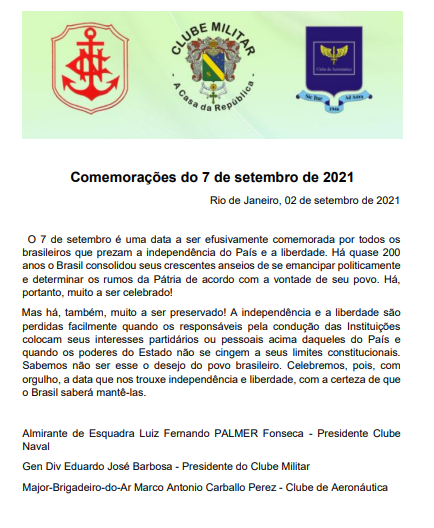 gen_barbosa's tweet photo. Nota da Comissão Interclubes Militares sobre as comemorações do 7 de setembro de 2021. 🇧🇷 https://t.co/Egn4E88Yvu