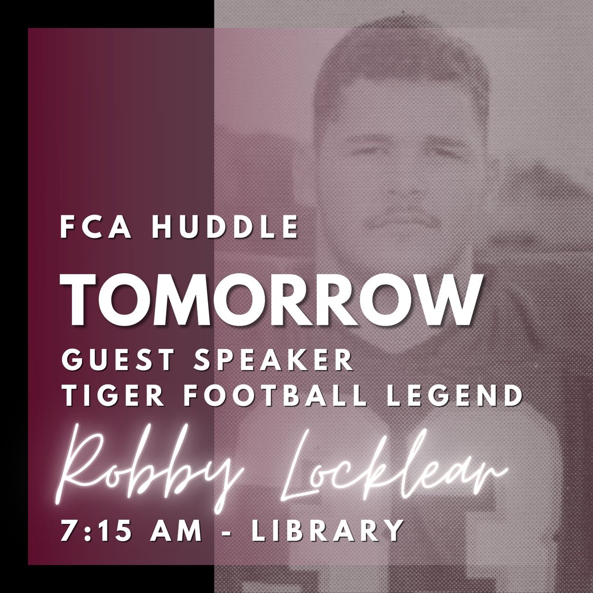 A true @hctigerfootball legend. 

The one and only <a href="/locklear_robby/">Robby Locklear</a> will join us for FCA Huddle tomorrow morning. Don’t miss this.