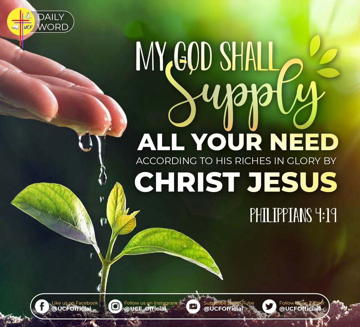UCFOfficial1's tweet photo. Philippians 4:19 (NKJV)
And my God shall supply all your need according to His riches in glory by Christ Jesus.
#UCF #WhatTheBibleSays #BibleVerse #DailyWord #WordofGod #UCFiBelong #JehovahJireh #GodIsRich #GreatProvider #GodOurProvider #ThankYouJesus https://t.co/LqZc0xTDfc