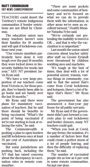 AEU NT (@aeunt) on Twitter photo From today's <a href="/TheNTNews/">The NT News</a>: Union warns of a potential mass exodus of remote teaching staff if NT border restrictions aren't relaxed by the end of the year. Remote teachers have done it very tough for the past 18 months, many have had few if any chances to travel interstate. From today's <a href="/TheNTNews/">The NT News</a>: Union warns of a potential mass exodus of remote teaching staff if NT border restrictions aren't relaxed by the end of the year. Remote teachers have done it very tough for the past 18 months, many have had few if any chances to travel interstate.