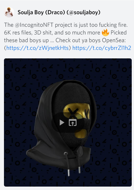 jayyyygg's tweet photo. Maybe join the army
@JRNYcrypto @LoganPaul @jakepaul 
 
@souljaboy  just bought an @IncognitoNFT and joined the family. https://t.co/F0ZHfNMJJ4