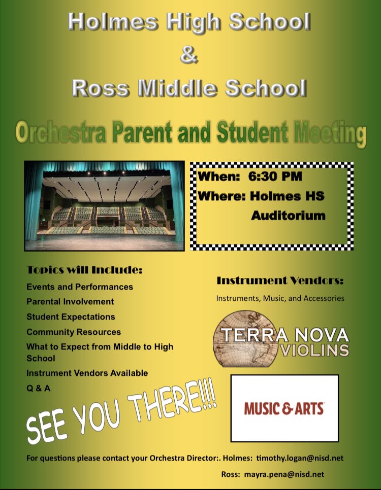 Come join us on Tuesday, September 7th for the Orchestra Parent and Student Meeting! Held at 6:30 in the Holmes Auditorium.