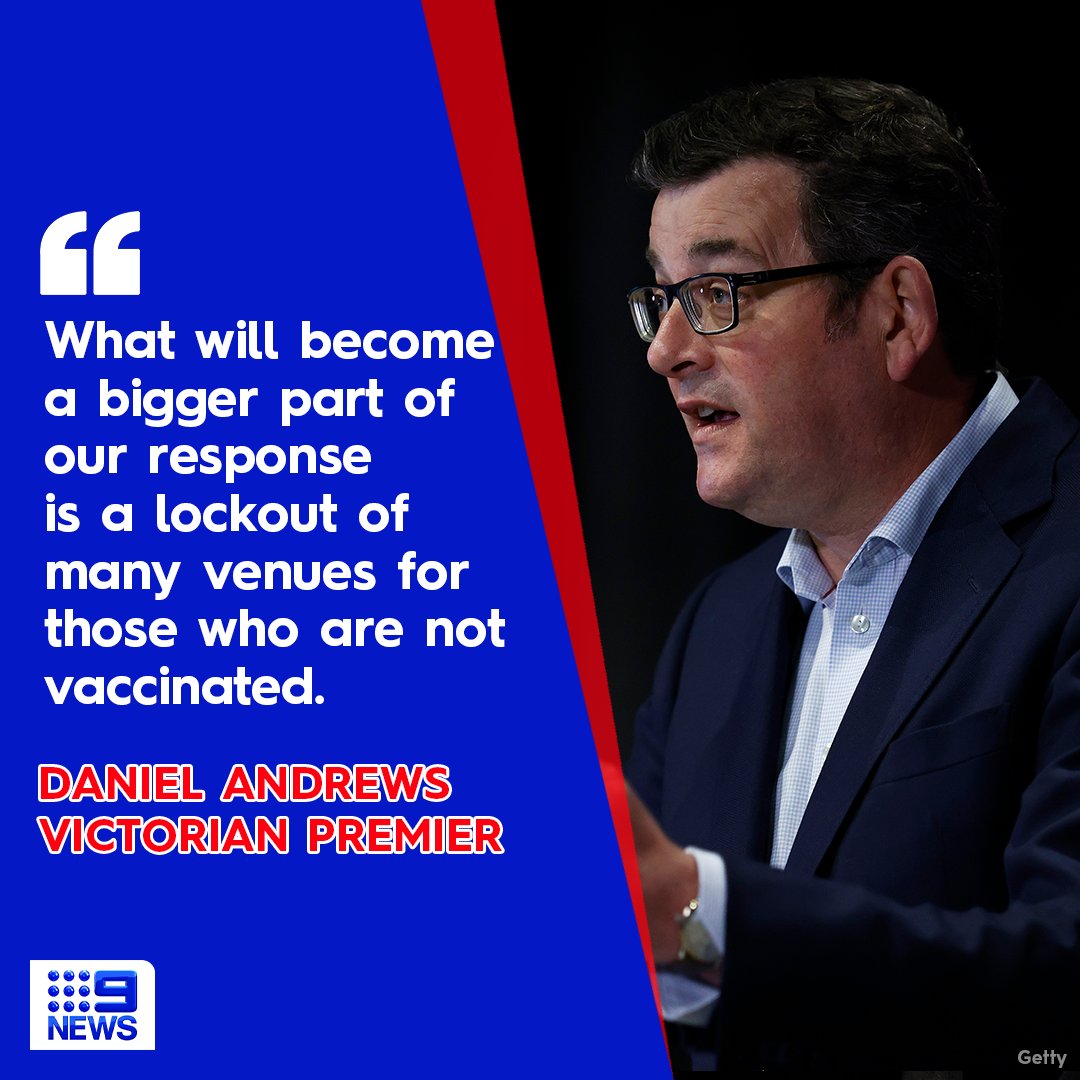 9NewsMelb's tweet photo. Unvaccinated Victorians will be "locked out" from venues once restrictions eventually ease, the Premier has flagged.

DETAILS: https://t.co/Po3AJ23cTp

#9News https://t.co/maZJH78Gwk