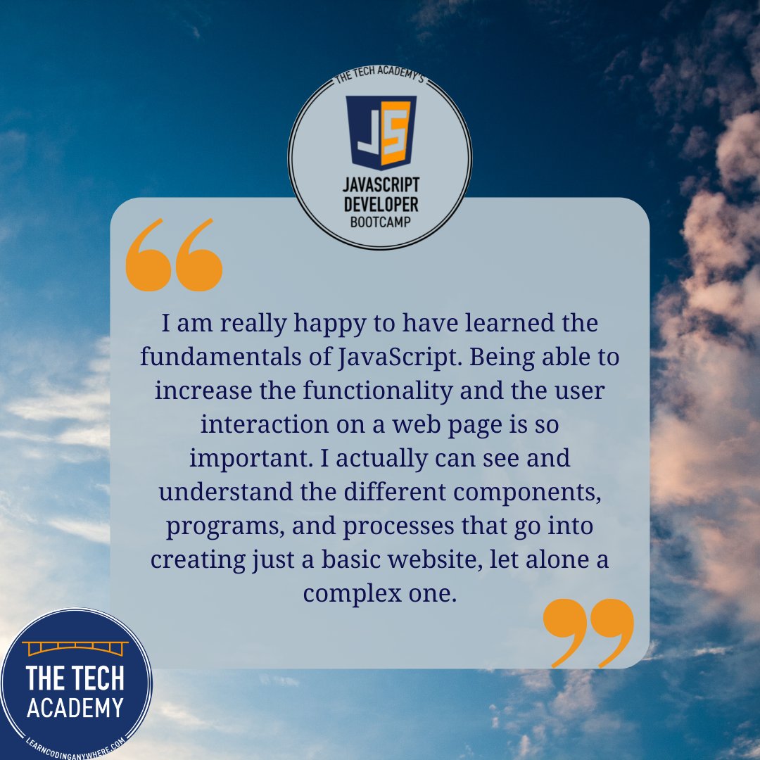 TheTechAcad's tweet image. Check out this review from one of our students!
JavaScript is one of the most in demand programming languages!
If you are interested in joining Tech Academy's JavaScript Boot Camp, check out the comment section to connect with our admission team!
#tech #javascriptbootcamp