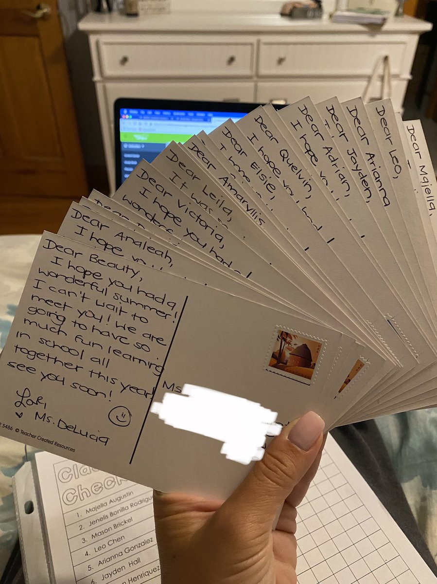 MissDeLucia's tweet photo. Andddd my summer postcards are on their way to my 19 new second grade students. Excited to continue this special tradition as I welcome my students to our class family in just one week. #nrcsdchat https://t.co/AwHC7UOEtk