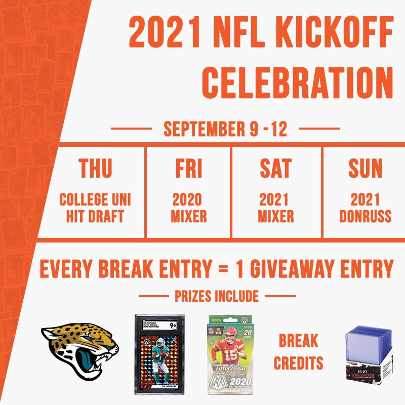 The 2021 NFL Season is just a week away! Join one of our NFL Kickoff Celebration breaks @HobbyConnector @sports_sell 

Hit Draft (3 hobby boxes, $32/entry) https://t.co/5LyhVzFm3t

2020 Optic/Prizm/Mosaic PYT (Chargers giveaway, $12-$150) https://t.co/WqhtPOREIl https://t.co/VgRQY5Unqa