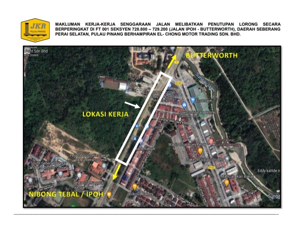 JKR Seb Perai (S) (@jkr_spselatan) on Twitter photo HEBAHAN 🚧🛤⛔
Penutupan lorong secara berperingkat.
Mohon patuhi papan tanda keselamatan yang telah dipasang di tapak.
Kesabaran hari ini adalah untuk keselesaan & keselamatan kita semua.
@MOWorks <a href="/JKRMalaysia/">JKR Malaysia</a> <a href="/JKRPulauPinang/">JKR Pulau Pinang</a> <a href="/zairilkj/">Zairil Khir Johari</a> <a href="/rodzi_hasan/">Ir. Rodzi Hasan</a> HEBAHAN 🚧🛤⛔
Penutupan lorong secara berperingkat.
Mohon patuhi papan tanda keselamatan yang telah dipasang di tapak.
Kesabaran hari ini adalah untuk keselesaan & keselamatan kita semua.
@MOWorks <a href="/JKRMalaysia/">JKR Malaysia</a> <a href="/JKRPulauPinang/">JKR Pulau Pinang</a> <a href="/zairilkj/">Zairil Khir Johari</a> <a href="/rodzi_hasan/">Ir. Rodzi Hasan</a>